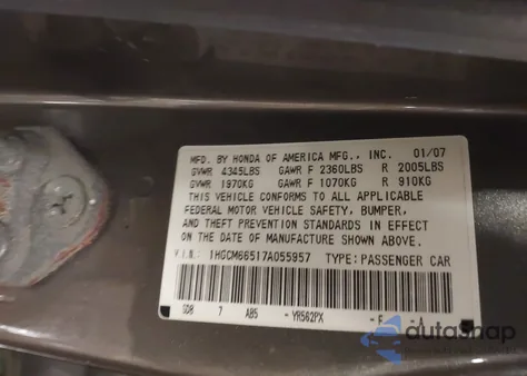 2007 Honda Accord 3.0 Ex from USA, damaged, VIN 1HGCM66517A055957